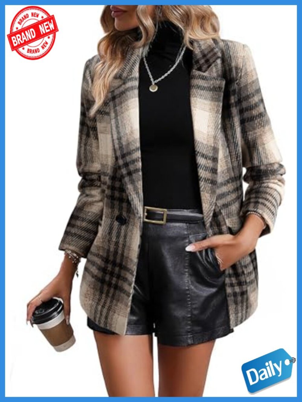 Womens Plaid Blazer Double Breasted Open Front Long Sleeve Work Suit Jacket